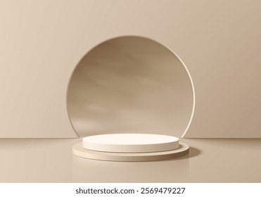 Beige 3D cylindrical podium background in round gate backdrop. Studio wall scene. Minimalist 3D mockup pedestal. Abstract stand product display presentation, Stage for showcase. Vector platform design