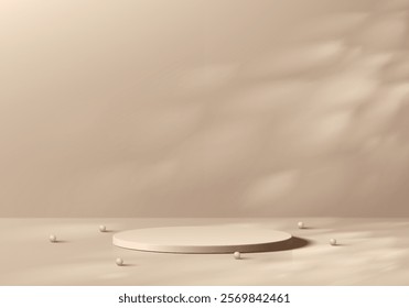 Beige 3D cylindrical podium background with light and leaf shadow overlay wall scene. Minimalist mockup pedestal, Abstract stand product display presentation, Stage showcase. Platforms vector design.