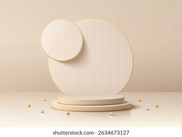 Beige 3D cylindrical podium background with overlap circles backdrop wall scene. Minimalist mockup pedestal. Abstract stand product display presentation. Stage for showcase. Vector platform design.