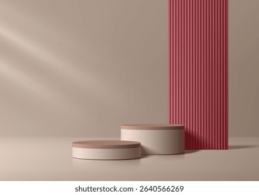 Beige 3D cylindrical podium background with red maroon backdrop. Studio wall scene. Minimalist mockup pedestal. Abstract stand product display presentation. Stage for showcase. Vector platform design.