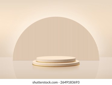 Fundo de pódio cilíndrico 3D bege com iluminação semicírculo cena de fundo. Pedestal de maquete minimalista. Apresentação abstrata da exposição do produto do stand de luxo. Exibição de palco. Design de plataforma vetorial.