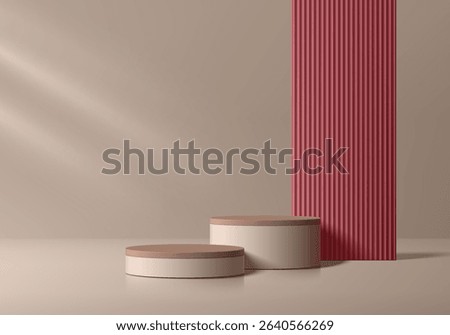Beige 3D cylindrical podium background with red maroon backdrop. Studio wall scene. Minimalist mockup pedestal. Abstract stand product display presentation. Stage for showcase. Vector platform design.