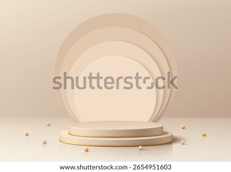 Beige 3D cylindrical podium background with layers circles backdrop in luxury scene. Minimalist mockup pedestal. Abstract stand product display presentation. Stage showcase. Vector platform design.