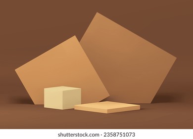 Beige 3d geometric pedestal podium angular background for product promo presentation vector illustration. Realistic brown neutral showcase abstract decorative composition for commercial sale show