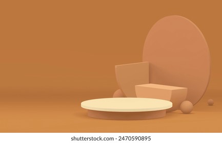 Beige 3d geometric showroom space neutral podium pedestal for show realistic vector illustration. Pastel brown showcase cylinder stage with semi circle wall background for product presentation