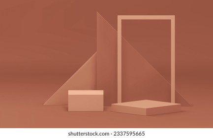Beige 3d podium neutral geometric pedestal mock up for cosmetic product show presentation vector illustration. Brown pastel showroom interior abstract geometry shape backdrop studio design