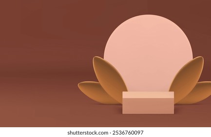 Podio 3d beige con fondo de pared redonda para la Ilustración vectorial realista de la presentación del producto. Pedestal cuadrado pastel con hojas de oro elegante pantalla de lujo para el espectáculo de compras