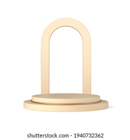 Beige 3d podium with semicircular arch vector template. Stage pastel for presentations with gold round hoop. Ceremony performance decoration with empty space and trendy bright lighting.