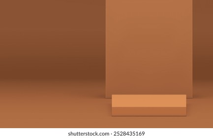 Beige 3d podium with wall background mockup for product presentation realistic vector illustration. Brown neutral squared pedestal empty pastel commercial display for shopping sale promo advertising