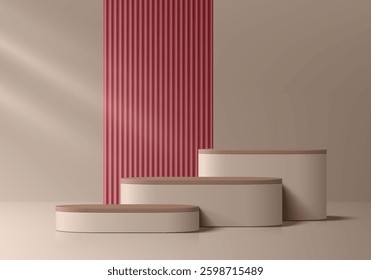 Beige 3D round steps podium background with red maroon backdrop. Studio wall scene. Minimalist mockup pedestal. Abstract stand product display presentation. Stage for showcase. Vector platform design.