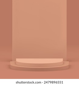 Beige 3d semi circle podium pedestal with wall background realistic vector illustration. Neutral minimalist showroom empty advertising stand space mock up for cosmetic product show presentation