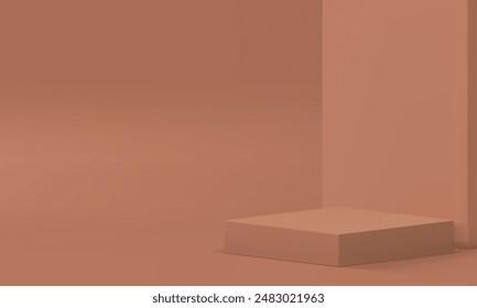Beige 3d showroom space squared podium pedestal for advertising realistic vector illustration. Neutral pastel trendy rendering mock up showcase commercial product promo room with wall background