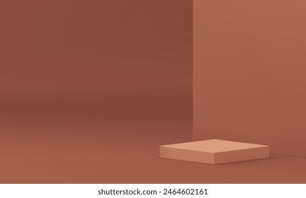 Beige 3d cuadrado podio pedestal showroom estudio de pared de fondo Ilustración vectorial realista. Modelo de plataforma de soporte de publicidad neutral marrón para la venta de productos cosméticos