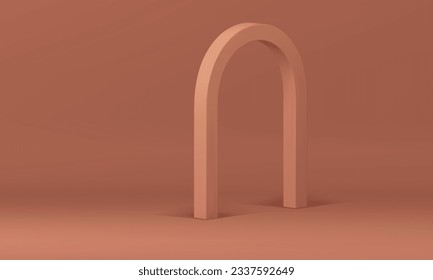 Borde de estudio beige 3d con arco curvo brillante para la presentación comercial de producto ilustración vectorial. Pantalla de promoción de salón de exposición de color neutro marrón con elementos decorativos de arco isométrico