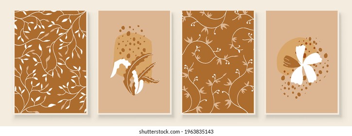 Beige Abstract Botanical Organic Art Illustration. Set of beige color painting wall art for house decoration. Minimalistic canvas background design. Vector wall art plants in boho style.