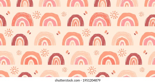 Beige abstract cute rainbows pattern in doodle style as a seamless texture for contemporary trendy surfaces design. Colorful vector illustration in pastel palette