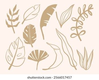 Beige Abstract Leaf and Botanical Collection. A set of ten beige abstract botanical and leaf designs, featuring minimalistic aesthetics and modern tropical themes. Perfect for decor and design project