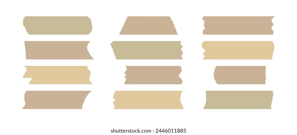 Beige adhesive tape piece set. Scotch stripes with torn jagged edges. Plastic duct tape band collection. Sticky masking paper for package wrap, blank tag, label, sticker, decoration. Vector pack