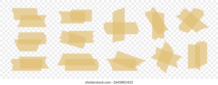 Coleção de fitas adesivas bege. Peças de fita de duto rasgado conjunto. tira. Listras de plástico com bordas irregulares rasgadas. Papel de mascaramento pegajoso para embrulho de pacote, etiqueta em branco, etiqueta, adesivo, decoração. Vetor