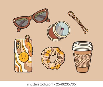 Beige aesthetics. What's in my bag? Woman hair accessories, cosmetics, sunglasses, and phone.