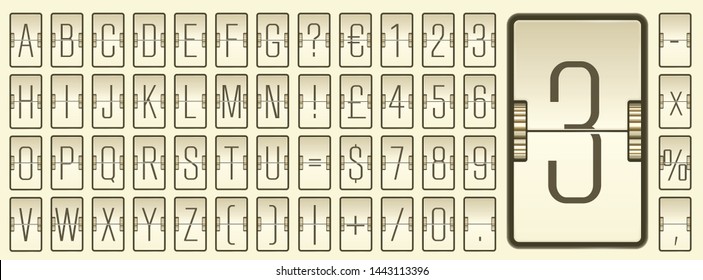 Beige airport flip board mechanical light alphabet with numbers for destination information or timetable show. Terminal scoreboard font to display flight departure or arrival info vector illustration