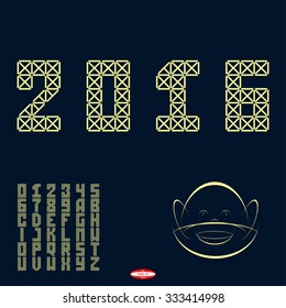 beige alphabet with monkey isolated on dark cyan background. vector illustration