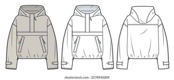 Beige Anorak Hoodie with Pockets and Half-Zip  technical fashion Illustration. Raincoat fashion flat technical drawing template, drawstring, front, back view, white, women, men, unisex CAD mockup set.