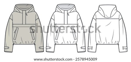 Beige Anorak Hoodie with Pockets and Half-Zip  technical fashion Illustration. Raincoat fashion flat technical drawing template, drawstring, front, back view, white, women, men, unisex CAD mockup set.