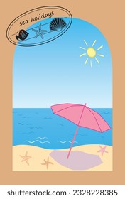 beige arch with sea beach and parasol - vector vertical postcard with post stamp