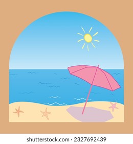 beige arch with sea beach and umbrella - vector summer illustration for vacation
