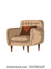 Beige armchair with a cozy brown pillow, set in a modern minimalist living room, emphasizing comfort and elegance