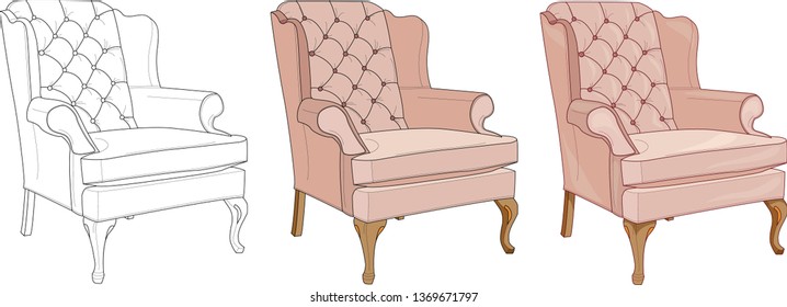 Beige armchair three different ways vector illustration. Coloring paper, page, book