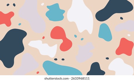 Beige artistic background with red, blue, navy, and white freeform elements. Perfect for playful branding and creative visual design.
