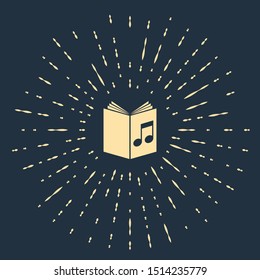 Beige Audio book icon isolated on dark blue background. Musical note with book. Audio guide sign. Online learning concept. Abstract circle random dots. Vector Illustration
