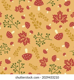 Beige autumn leaves and mushroom seamless pattern background print. Vector illustration. For kids, fall clothing or home decor projects. Surface pattern design.