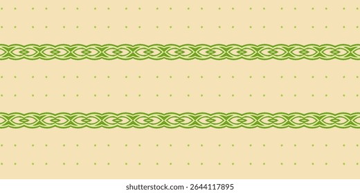 Fundo bege com nós celtas verdes e pontos polka, reunindo tradição e um toque moderno. Ótimo para papel de embrulho, papéis de parede e artesanato.