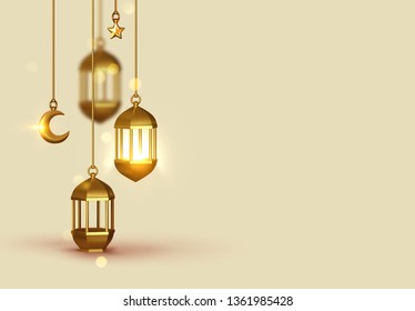 Beige Background 3d design is arabian vintage decorative hanging lamp are on fire. Decoration light lantern, gold stars on ribbon and golden crescent moon.