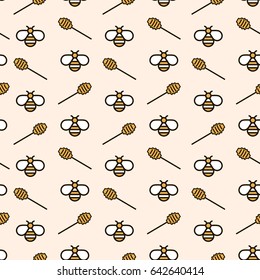 Beige background with bees and honey spoons. Vector seamless honey pattern. Can be used for print on clothes, honey package, banner, wrapping paper. EPS10.