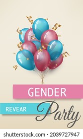 beige background with blue and pink balls with gold ribbons and serpentine. Congratulations or invitation to the "gender revear party". Congratulations on the birth of a son or daughter