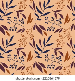 Beige background with branches. Set of branches and leaves. Simple floral seamless print. Vector. Autumn. November. October. Autumn background. Abstraction.
