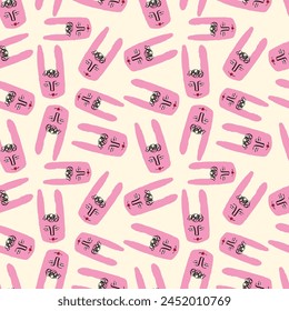 A beige background with a bunch of pink cartoon rabbits with red lips. The rabbits are all different sizes and have different expressions. Scene is playful and whimsical