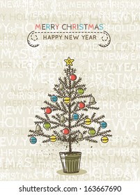 beige background with christmas tree, vector illustration