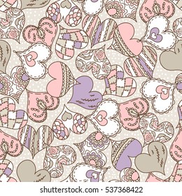 Beige  background with  color decorative valentine hearts,  vector illustration.
Ideal for printing onto fabric and paper or scrap booking