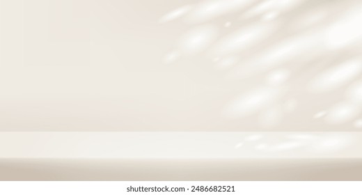 Beige Background Empty Room Studio with table. Space for selling products on the website. Empty room with shadow leaves. Vector illustration.