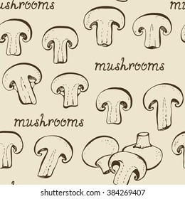 Beige background with hand drawn mushrooms champignons, vector seamless pattern