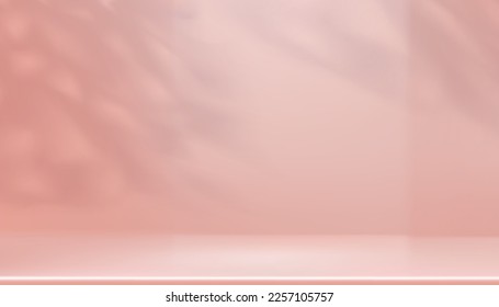 Beige Background with leaves shadow overlay on wall.Empty Studio wall room with copy space,3D vector Minimal design of Product background,Peach backdrop for Beauty,Cosmetic,Spa Product Presentation