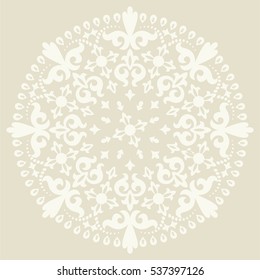 Beige background with light mandala ornament in the east style. Ideal for printing on fabric or paper. Vector illustration.