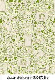 Beige background for Patricks day with beer mug, horseshoe, hat, pipe and shamrocks, vector illustration