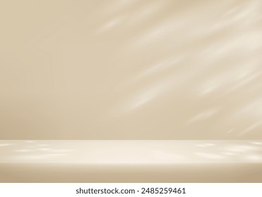 Beiger Hintergrund. Platz für den Verkauf von Produkten auf der Website. Beige Hintergrund Leeres Zimmer Studio mit Tisch. Leerer Raum mit Schattenblättern. Vektorillustration.