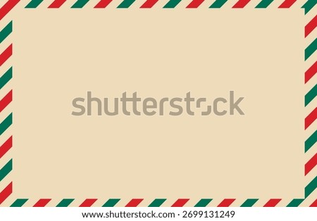 Beige background with striped red and green edge. Illustration of Christmas-themed postal envelope. Blank template for banner, cover, invitation or announcement. Vector graphic